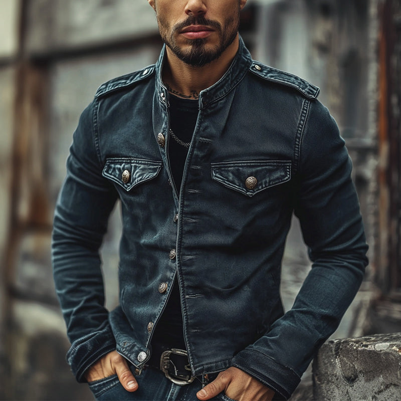 Men's Vintage Stand Collar Denim Jacket 9923553525944