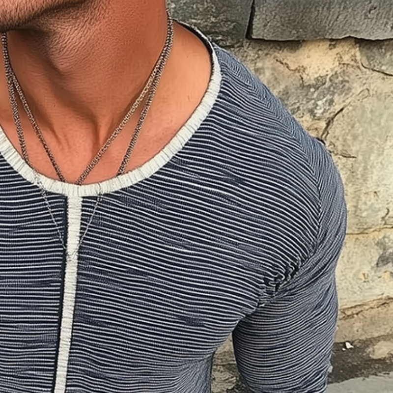 Men's Retro Casual Striped Printed Round Neck Long Sleeve T-Shirt 9893975425208