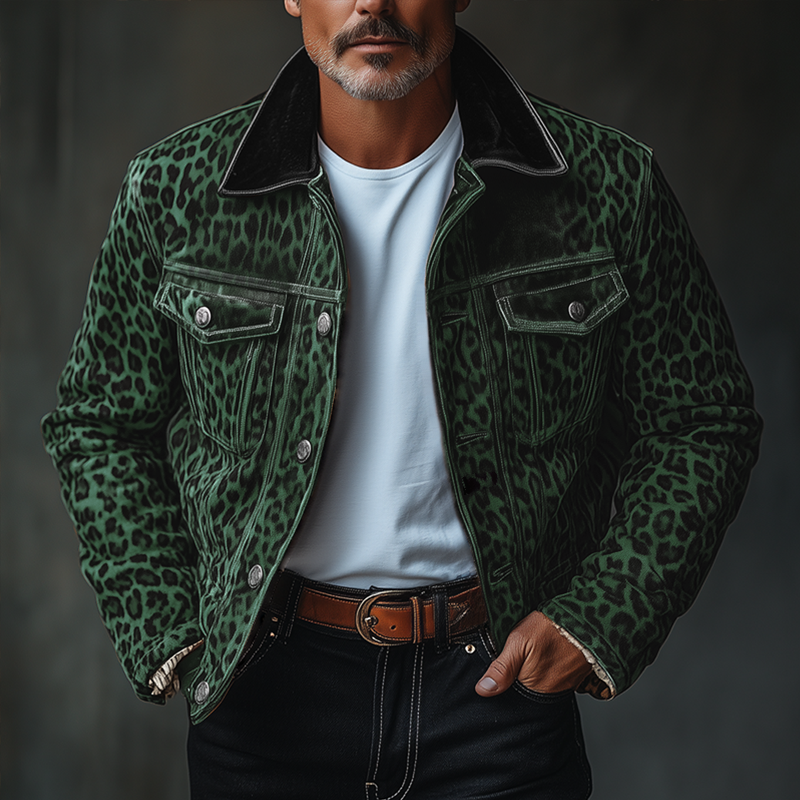 Men's Fashion Leopard Suede Lapel Chest Pocket Single Breasted Cargo Jacket 9261078905016