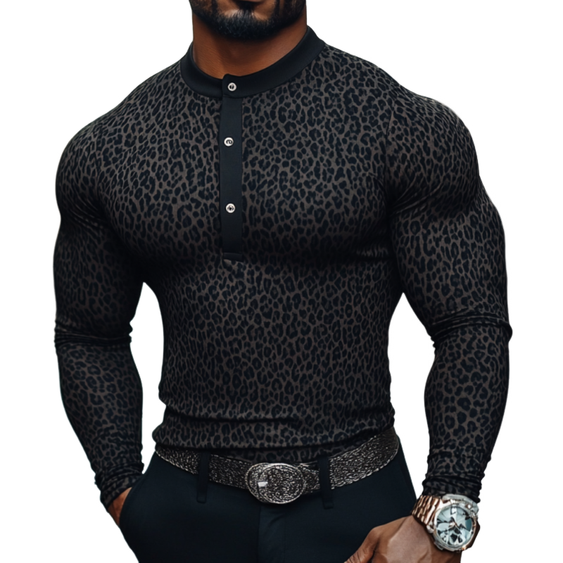 Men's Casual Cotton Blend Leopard Henley Collar Slim Fit Long Sleeve T-Shirt 9892049682616