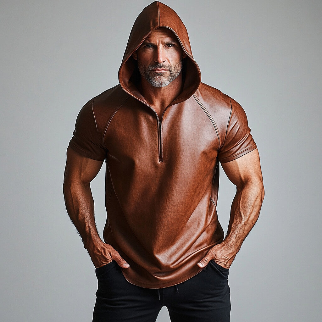 Men's PU Leather Solid Short Sleeve Half Zip Hoodie 9899607687352