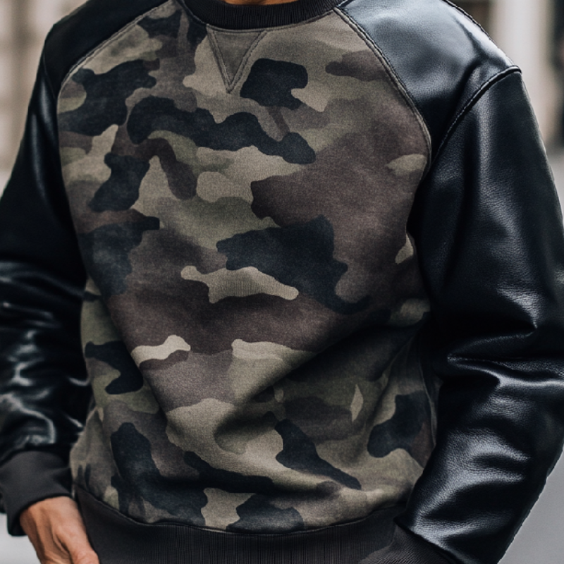 Men's Casual Trendy Camouflage Patchwork Round Neck Sweatshirt 9893975720120