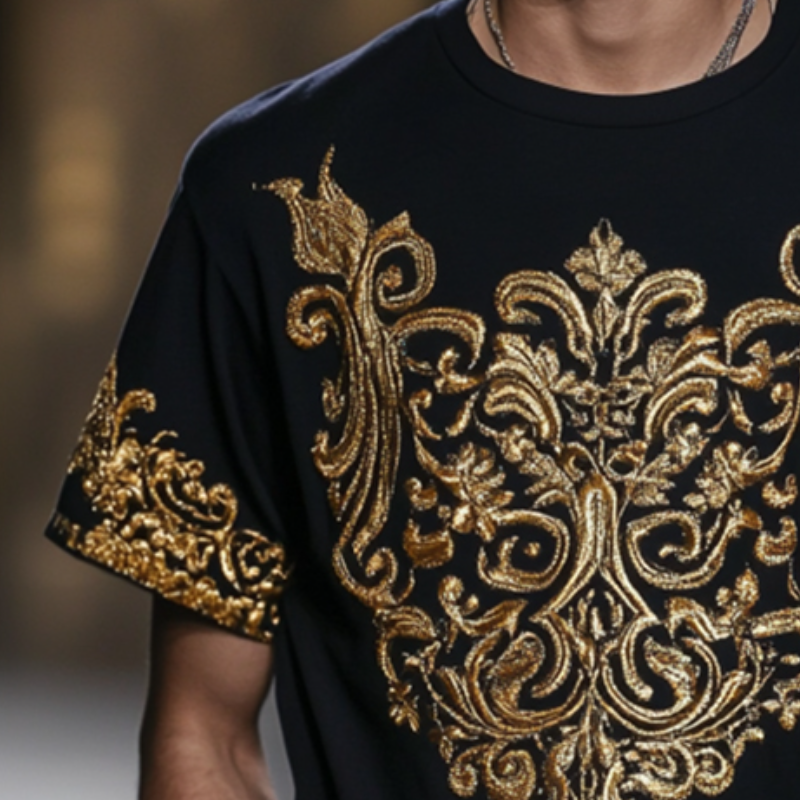 Men's Retro Casual Baroque Embroidery Round Neck Short Sleeve T-Shirt 9904628924600
