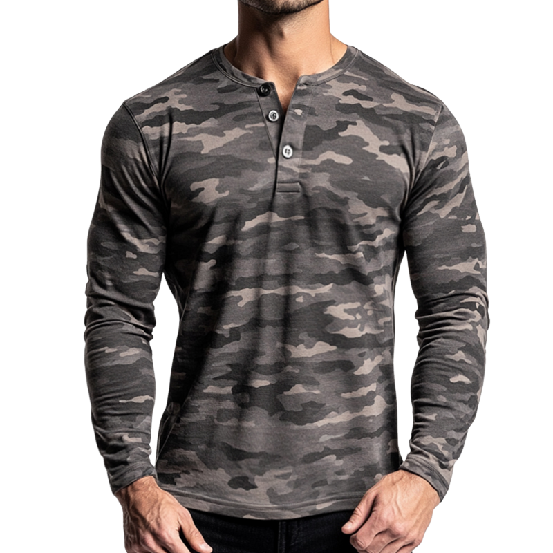 Men's Vintage Casual Camouflage Print Henley Neck Long Sleeve T-Shirt 9899719753912