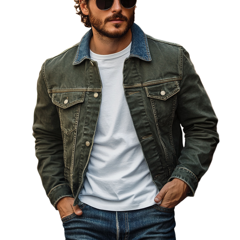 Men's Vintage Collar Patchwork Washed Denim Jacket 9911548281016