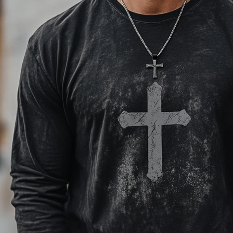 Men's Retro Casual Cross Printed Round Neck Long Sleeve T-Shirt 9903251128504