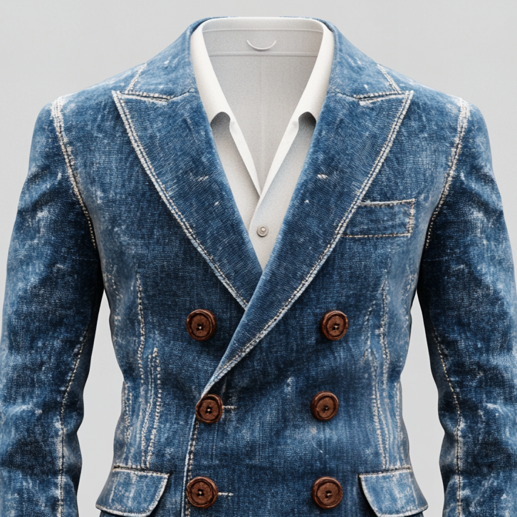 Men's Peak Lapel Double Breasted Washed Denim Long Sleeve Blazer 9917068509368