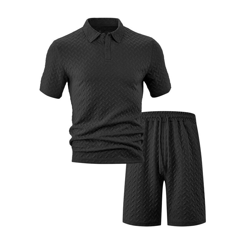Men's Texture Solid Color Short Sleeve Shorts Set 9904628007096