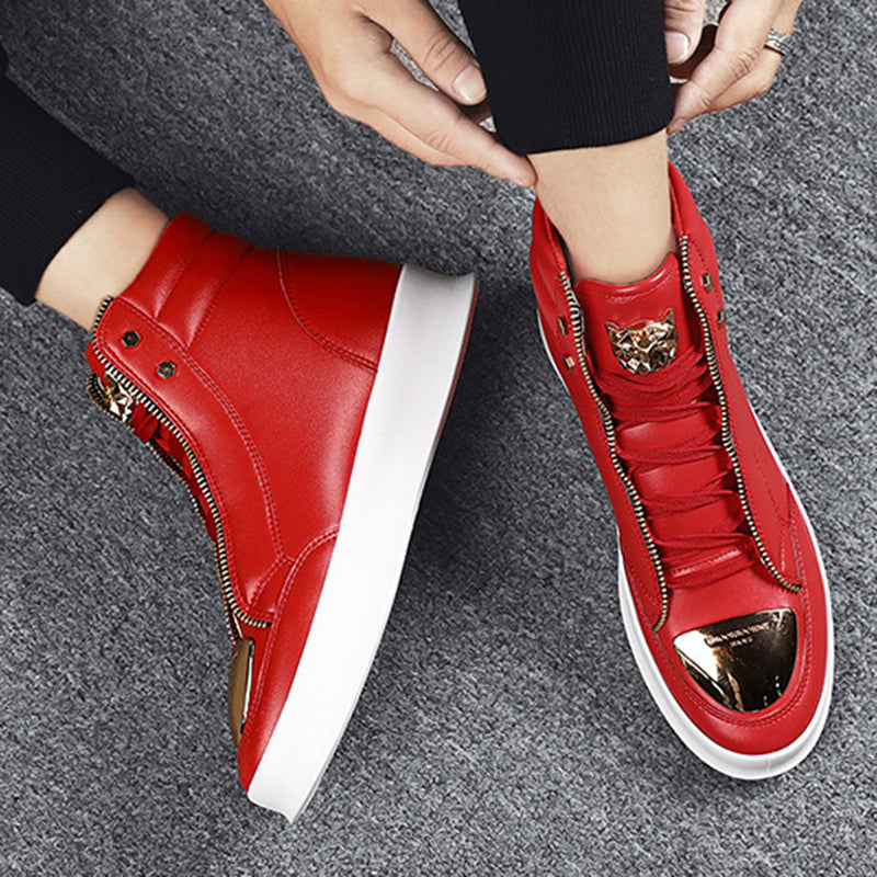 Men's Casual Solid Zipper Metal Decor Lace Up High Top PU Leather Martin Boots 9888555008184