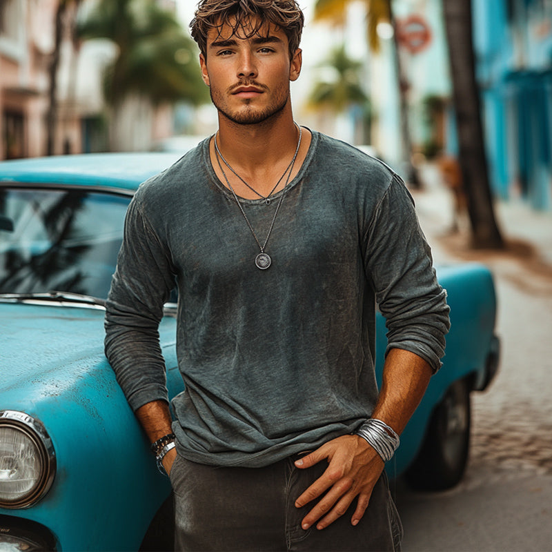 Men's Casual Crew Neck Faded Fabric Long Sleeve T-Shirt 9905396777144