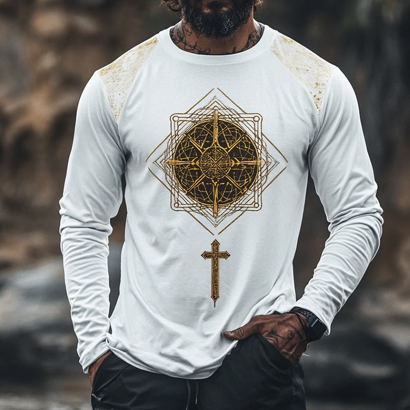 Men's Retro Casual Ethnic Style Geometric Printed Round Neck Long Sleeve T-Shirt 9899719819448