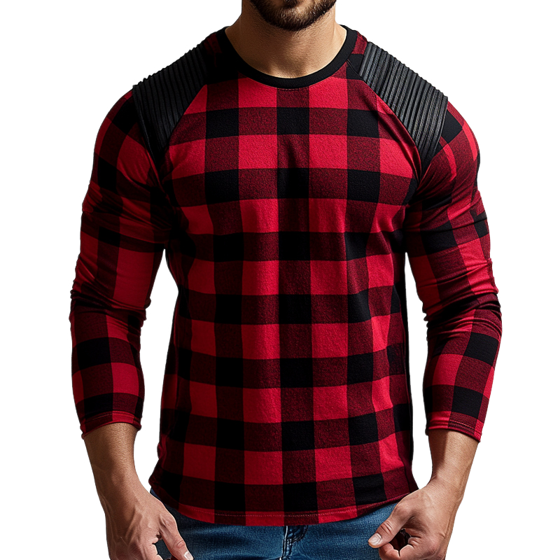 Men's Retro Casual Pleated Plaid Printed Round Neck Long Sleeve T-Shirt 9893975490744