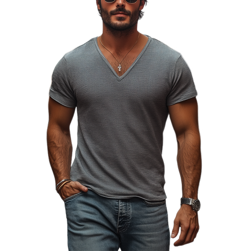 Men's Classic Casual Slim Fit Knit Deep V Neck T-Shirt 9907265077432