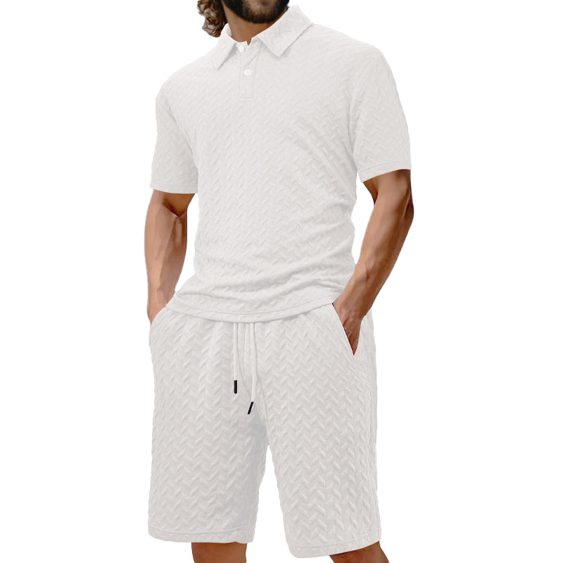 Men's Texture Solid Color Short Sleeve Shorts Set 9904628007096