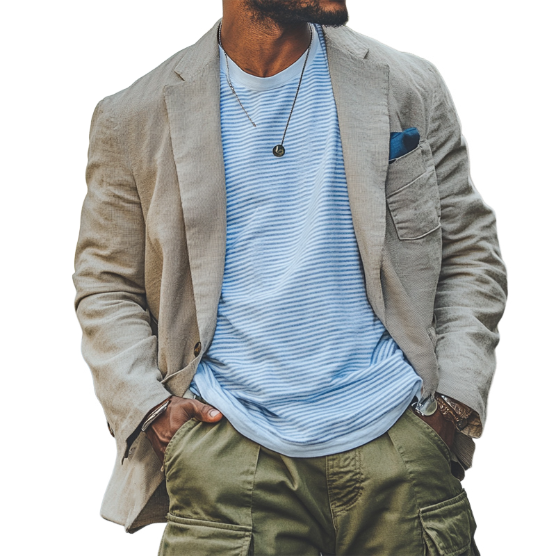 Men's Casual Loose Khaki Two Button Blazer 9905396744376