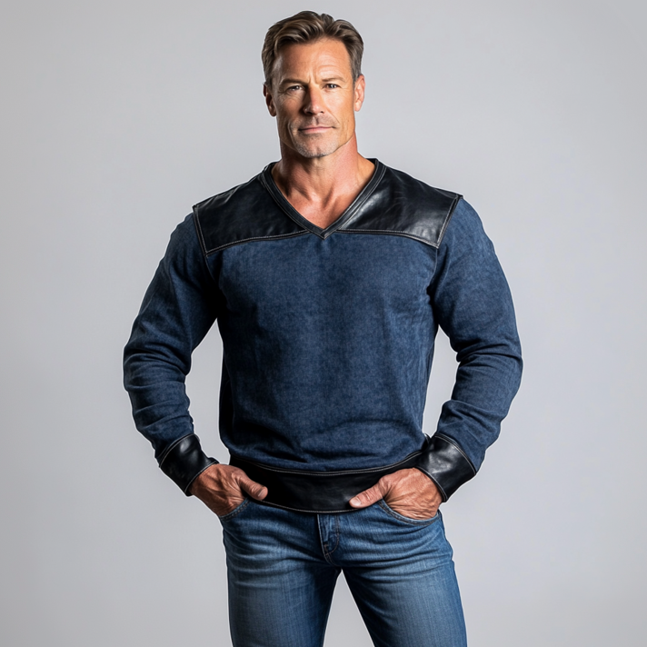Men's Denim PU Leather Patchwork V Neck Long Sleeve Sweatshirt 9906596839608