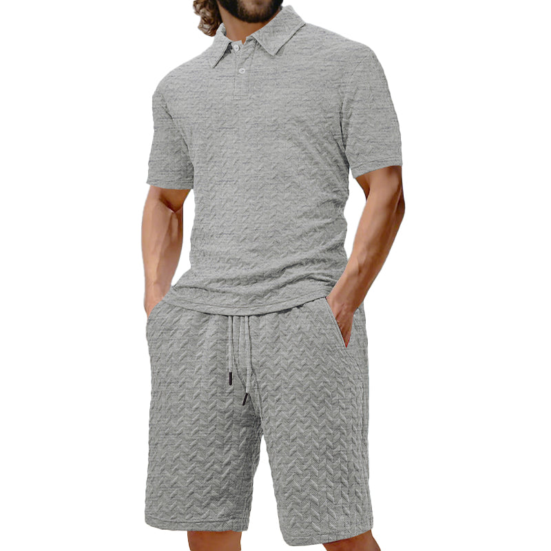 Men's Texture Solid Color Short Sleeve Shorts Set 9904628007096