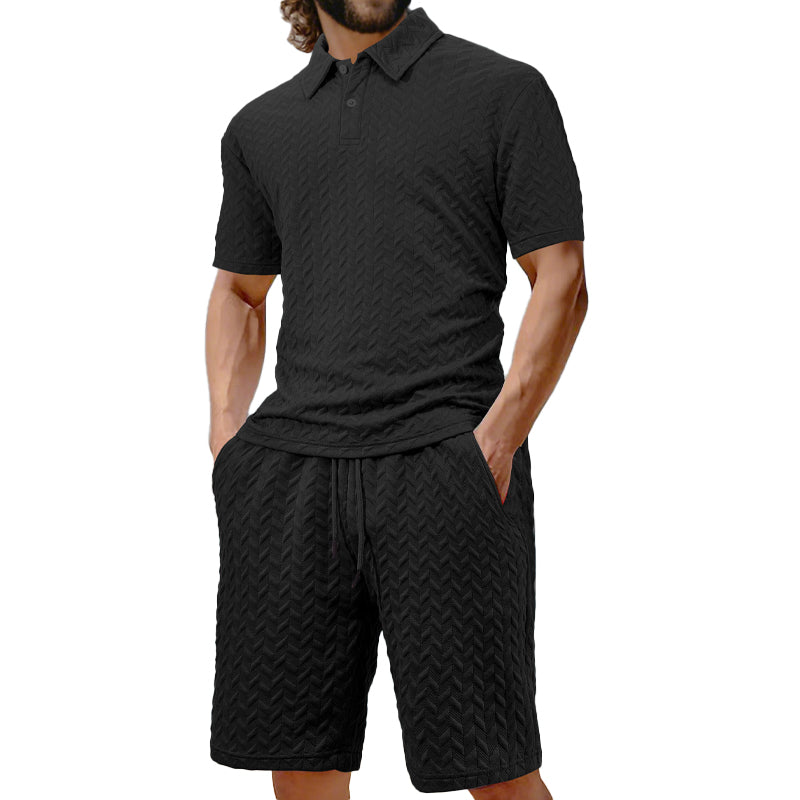 Men's Texture Solid Color Short Sleeve Shorts Set 9904628007096