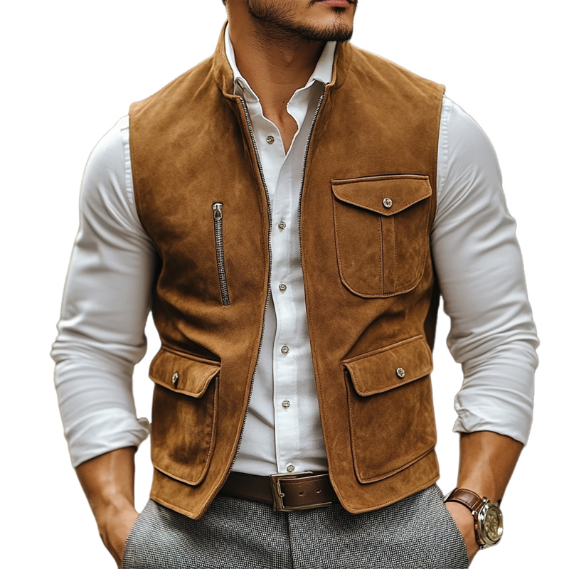 Men's Vintage Suede Stand Collar Zipper Multi-Pocket Vest 9899737284792