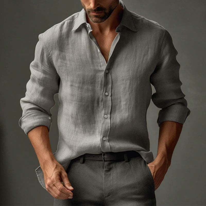 Men's Casual Solid Color Linen Lapel Slim Fit Long Sleeve Shirt 9261779681464