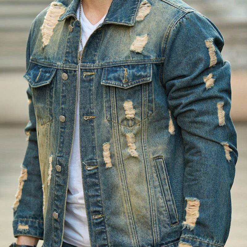 Men's Vintage Ripped Lapel Denim Jacket 9899737415864