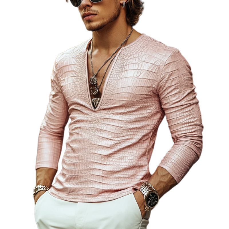 Men's Fashion Slim Fit V-Neck Textured Leather Long Sleeve T-Shirt 9899713953976