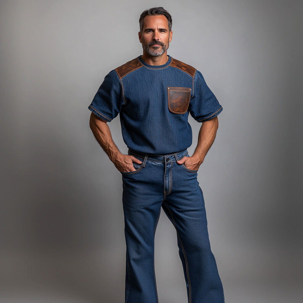 Men's Denim PU Leather Patchwork Chest Pocket Short Sleeve T-Shirt 9906596774072