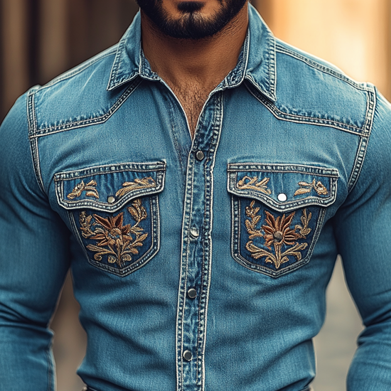 Men's Western Cowboy Style Embroidered Lapel Chest Pocket Long Sleeve Denim Shirt 9905398415544