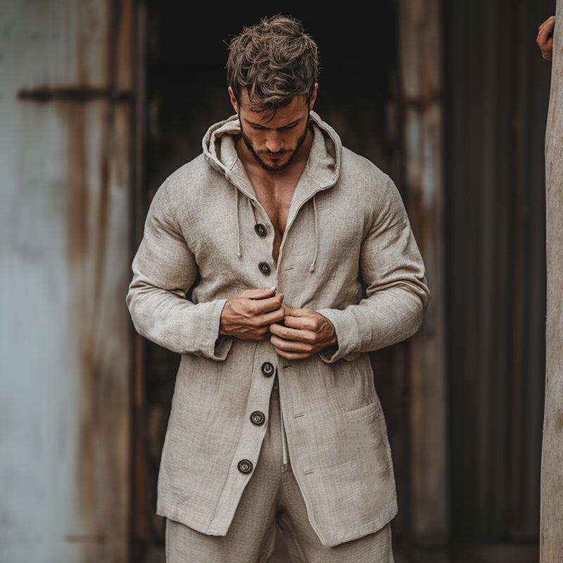 Men's Casual Cotton and Linen Button Hooded Coat 9905396154552