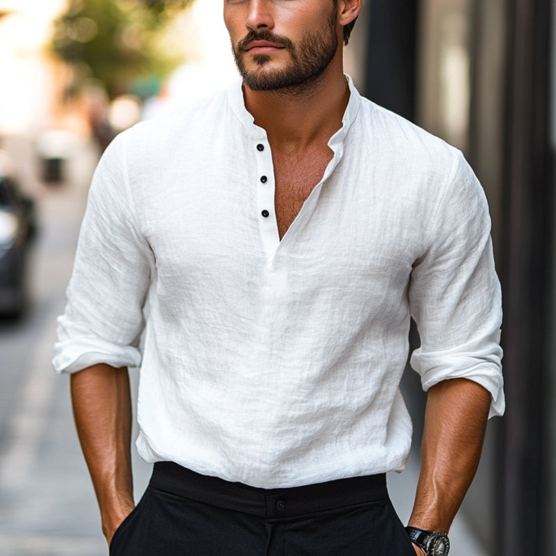 Men's Casual Solid Color Skin-friendly Cotton and Linen Long-sleeved T-shirt 9892385849528