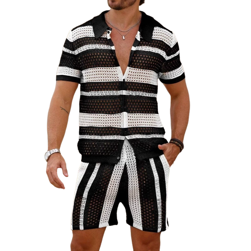 Men's Fashion Knit Striped Lapel Short Sleeve Shirt Shorts Set 9922015625400