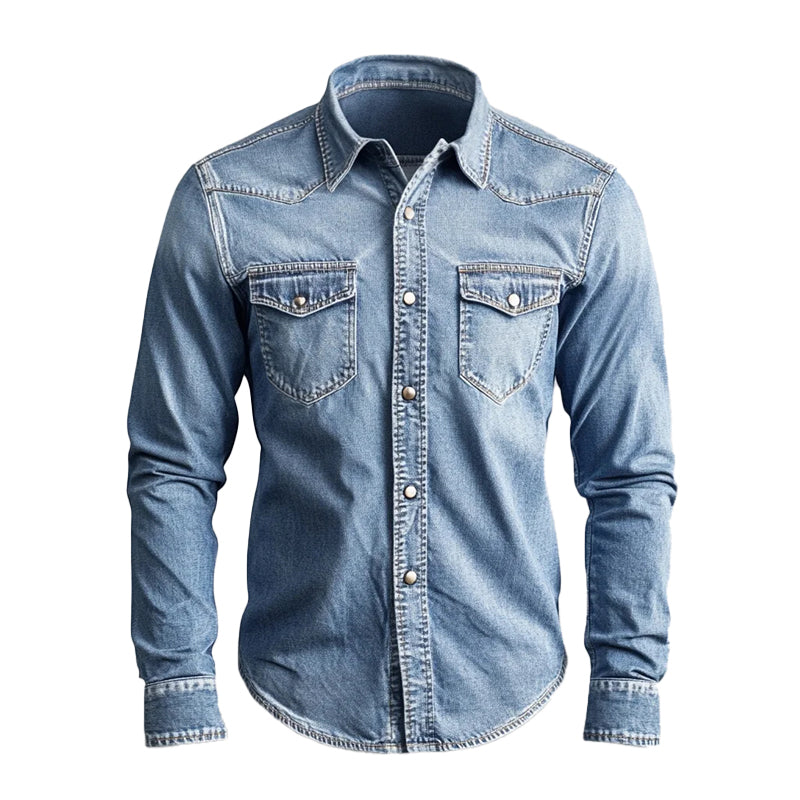 Men's Turndown Collar Metal Button Denim Long Sleeve Shirt 9917068869816