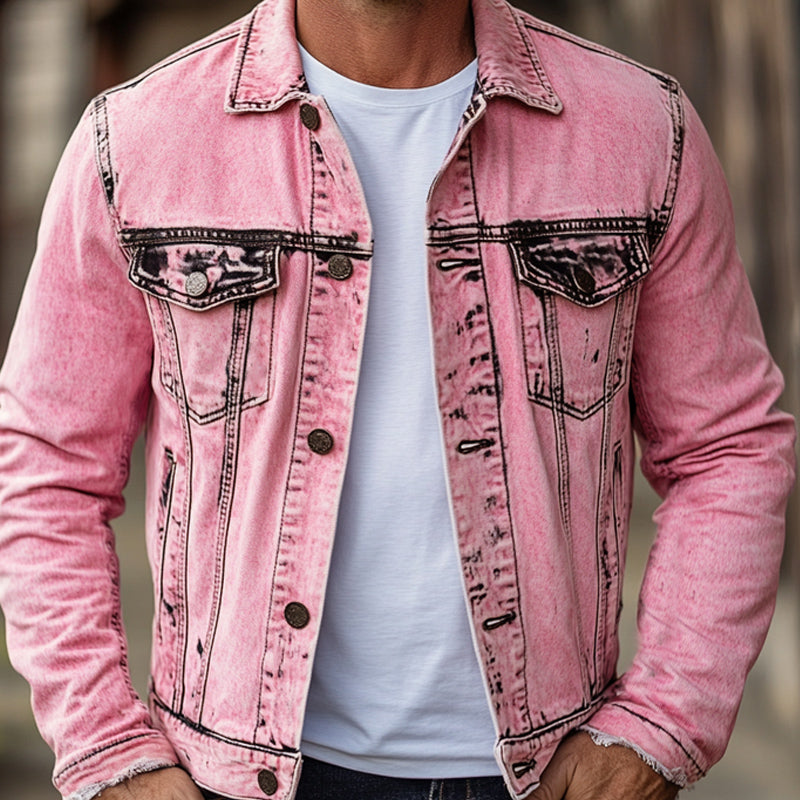 Men's Vintage Pink Tie Dye Slim Fit Denim Jacket 9911547822264