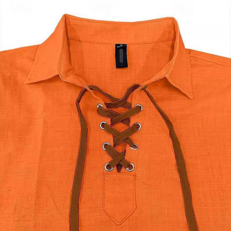 Men's Classic Casual V-Neck Lace-Up Linen Long Sleeve Shirt 9902010728632