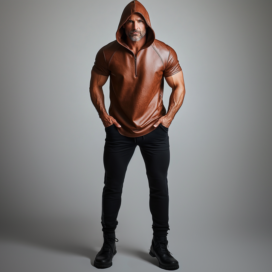 Men's PU Leather Solid Short Sleeve Half Zip Hoodie 9899607687352