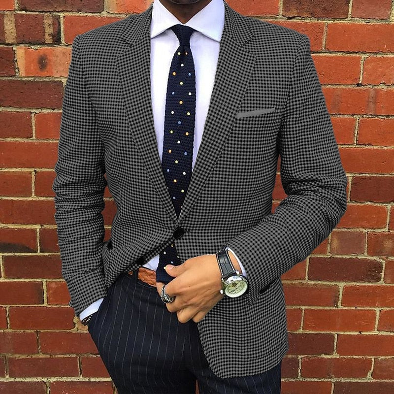 Men's Business Houndstooth Pattern Button Notch Lapel Blazer 9888556023992