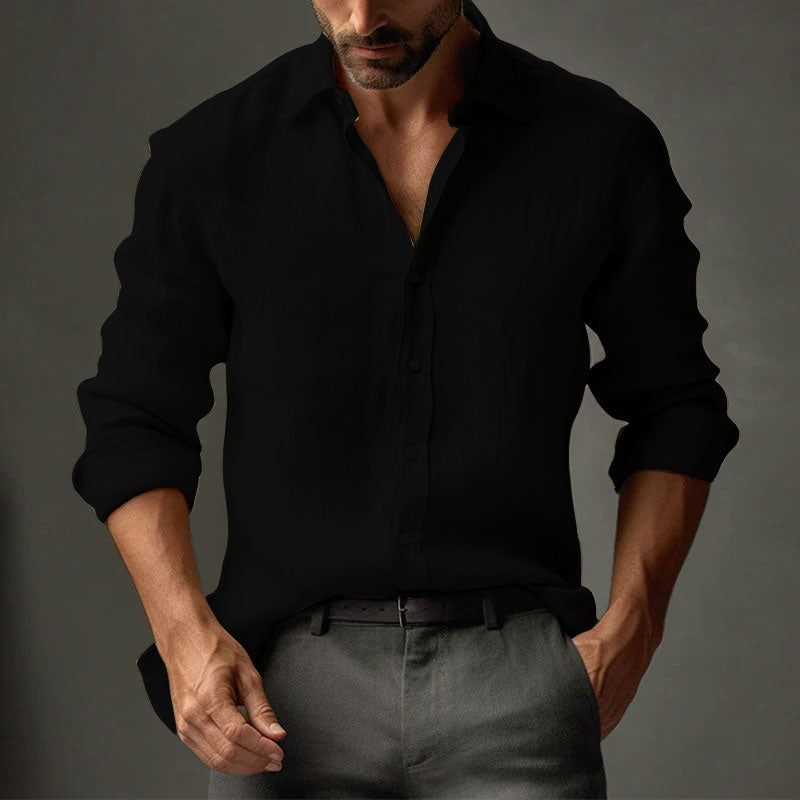 Men's Casual Solid Color Linen Lapel Slim Fit Long Sleeve Shirt 9261779681464