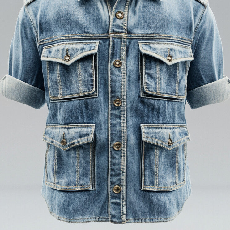 Men's Turndown Collar Long Sleeve Flap Pocket Denim Safari Shirt 9951401017528