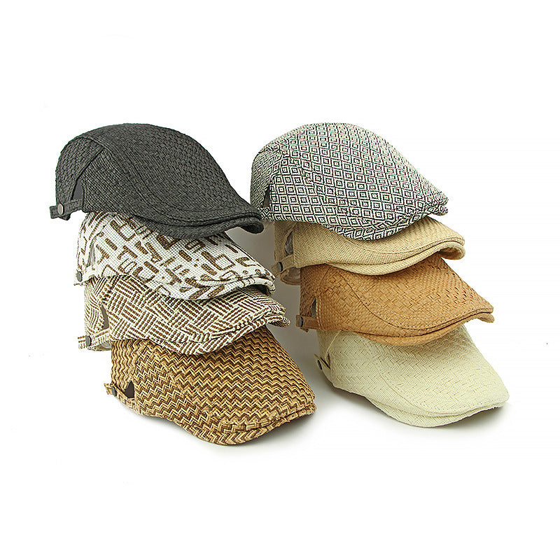 Men's Herringbone Pattern Sunshade Straw Woven Beret 9949457612984