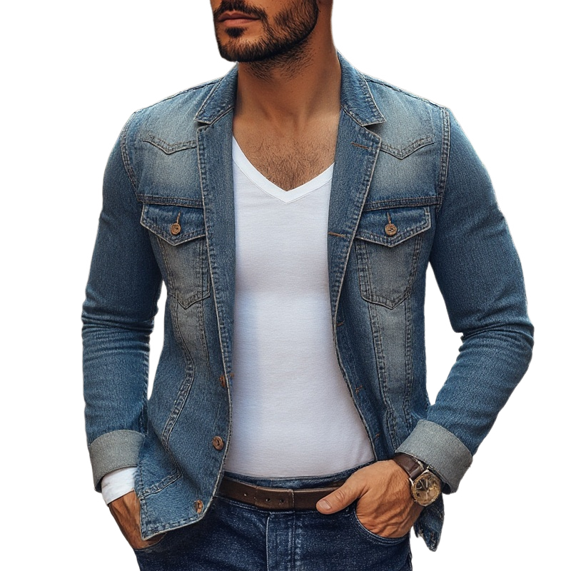 Men's Distressed Notch Lapel Single Breasted Denim Blazer 9902010826936