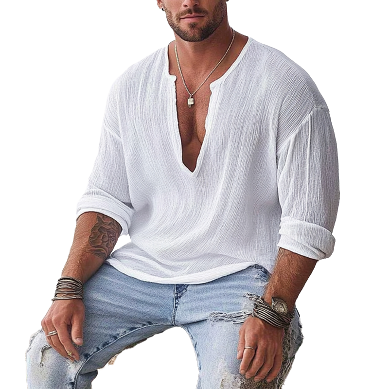 Men's Loose V-neck Long Sleeve T-shirt 9909011677368
