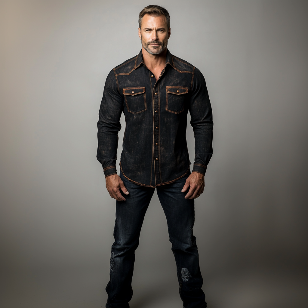 Men's Distressed Denim Turndown Collar Metal Button Long Sleeve Shirt 9903586902200