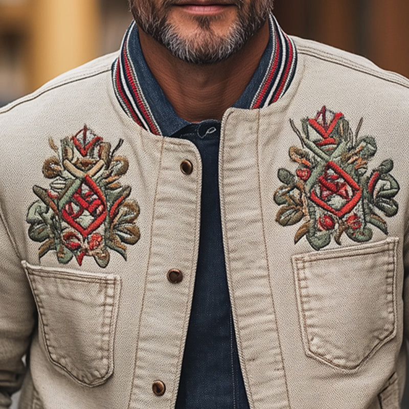 Men's Khaki Grainy Textured Embroidered Jacket 9934847606968