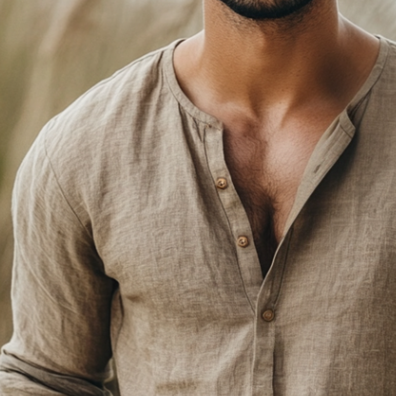 Men's Vintage Casual Cotton and Linen Henley Collar Long Sleeve Shirt 9891527622840