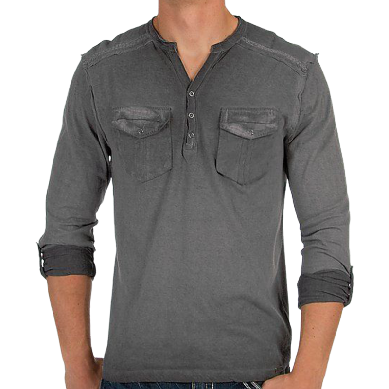 Men's Classic Casual Henley Collar Multi-Pocket Long Sleeve T-Shirt 9893976277176