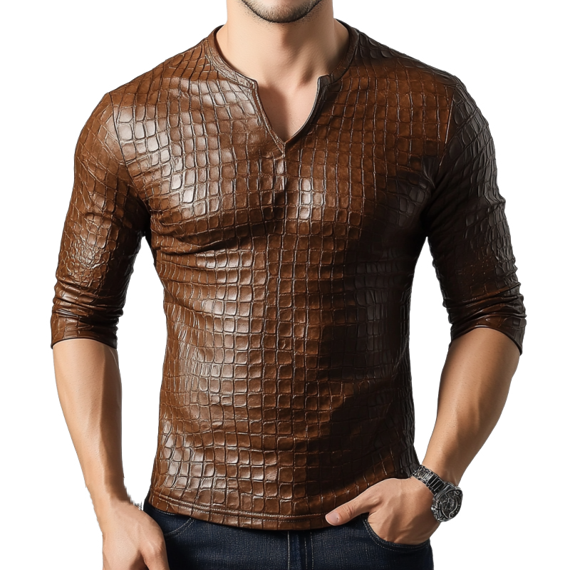 Men's Retro Casual Slim Fit V-Neck Textured Leather Long Sleeve T-Shirt 9899713691832