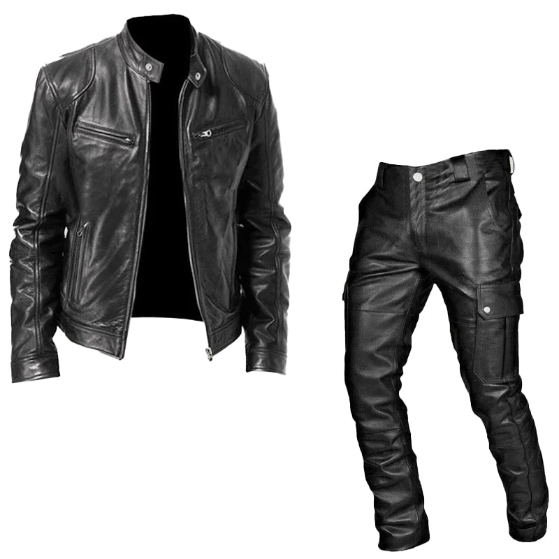 Men's Fashion Casual Stand Collar Zipper PU Leather Jacket & Pocket Pants 2Pcs Set 9888553697464