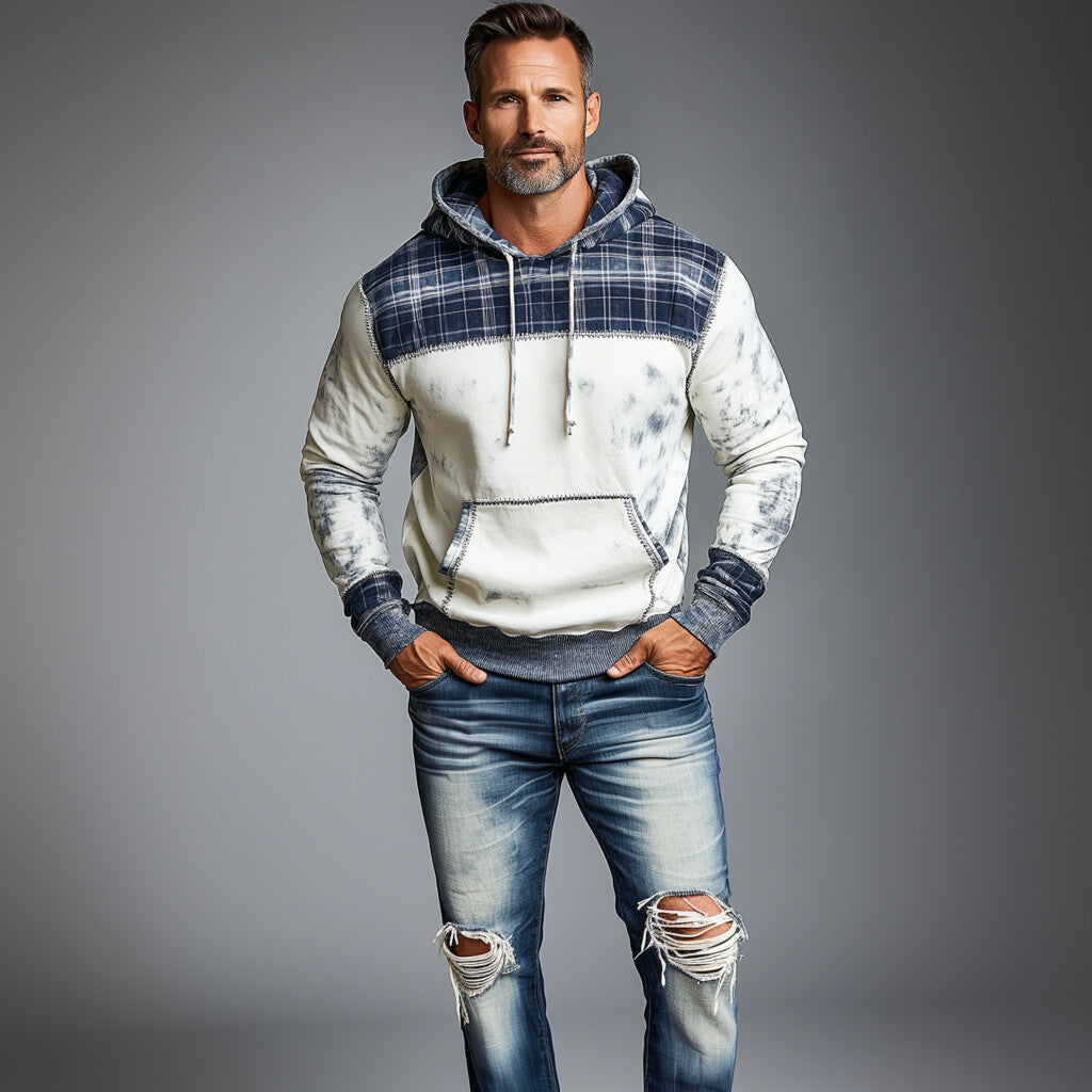 Men's Plaid Patchwork Long Sleeve Drawstring Pocket Distressed Hoodie 9899607982264
