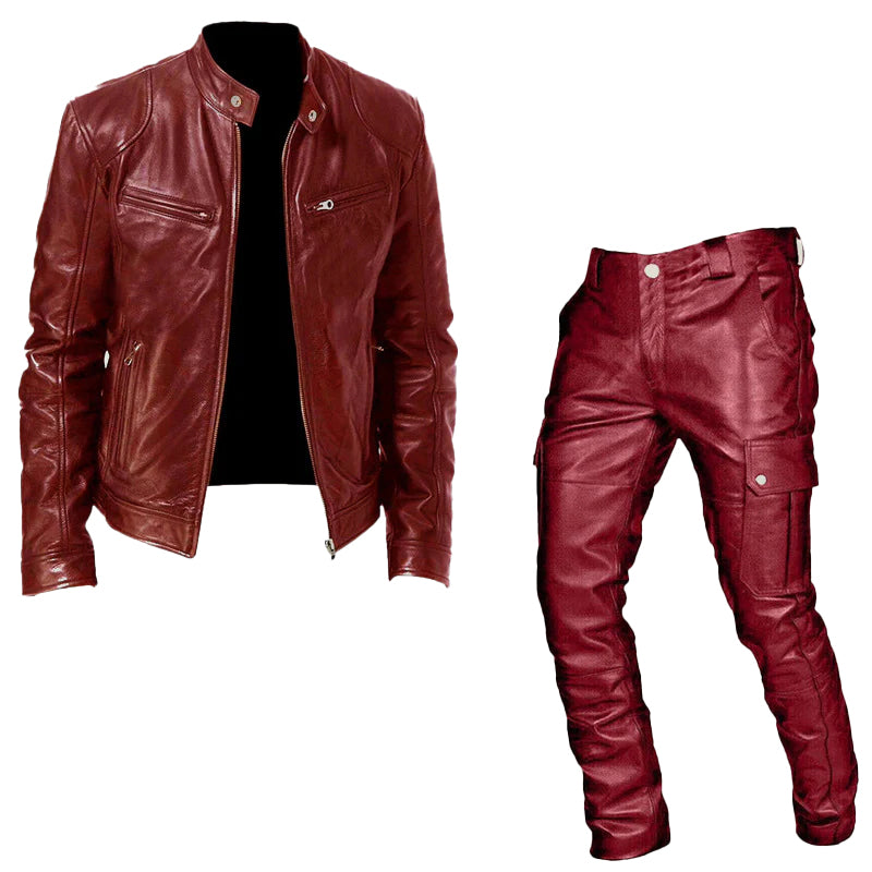 Men's Fashion Casual Stand Collar Zipper PU Leather Jacket & Pocket Pants 2Pcs Set 9888553697464