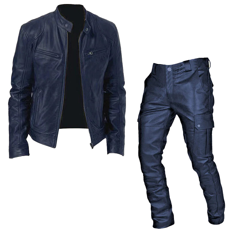 Men's Fashion Casual Stand Collar Zipper PU Leather Jacket & Pocket Pants 2Pcs Set 9888553697464